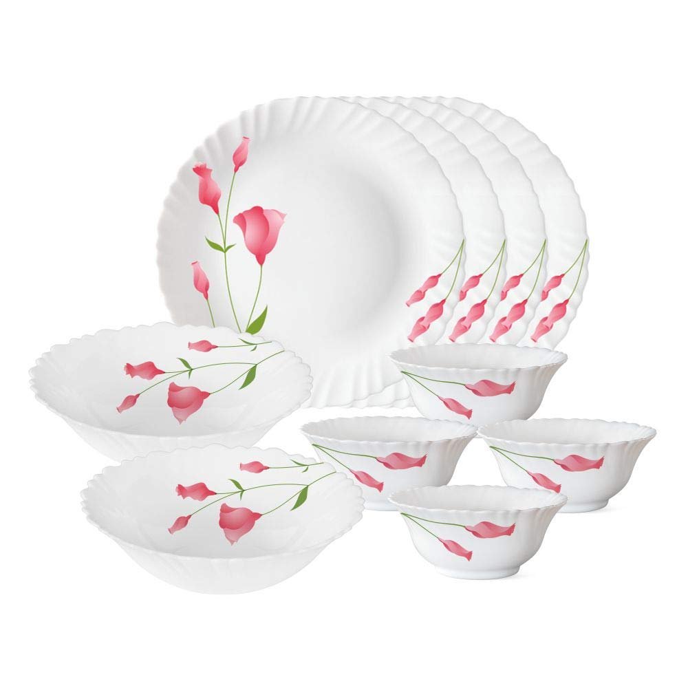 Larah by BOROSIL Fluted Series Diana Opalware Dinner Set | 10 Piece for Family of 4 | Microwave & Dishwasher Safe | Bone-Ash Free | Crockery Set for Dining & Gifting | Plates & Bowls Floral | White