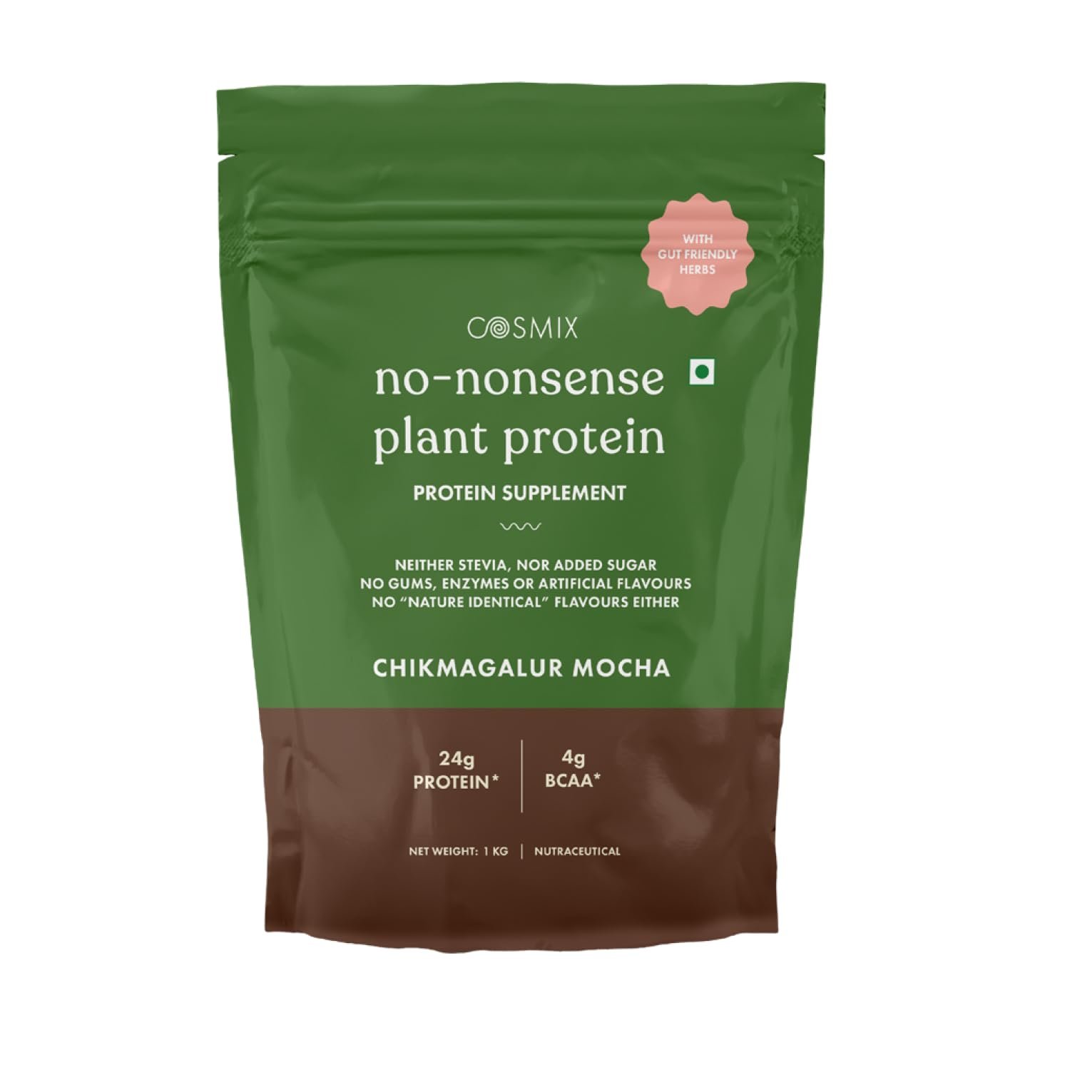 Cosmix No-Nonsense Plant Protein | 24 Protein/Serve, 1Kg Pouch | Chikamagalur Mocha (Coffee) | Plant Based Protein, Pea & Rice Isolate | Clean, Easy to Digest | All Esial Amino Acids