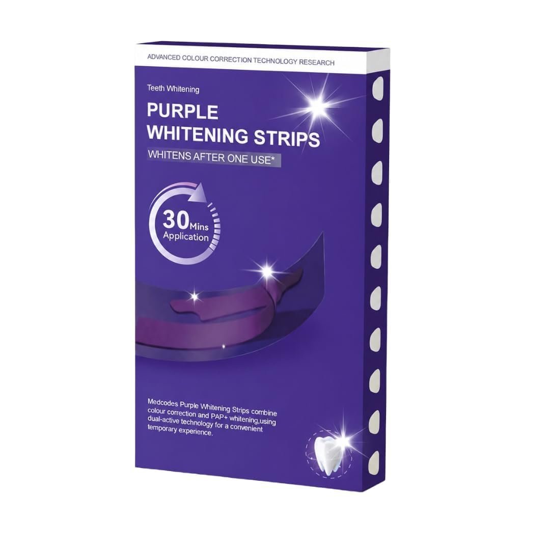 Purple Teeth Whitening Strips with PAP and Hydroxyapatite, Peroxide-Free Oral Care Strips for Surface Stain Care, 14 Strips for 7 Applications, 30-Minute Use