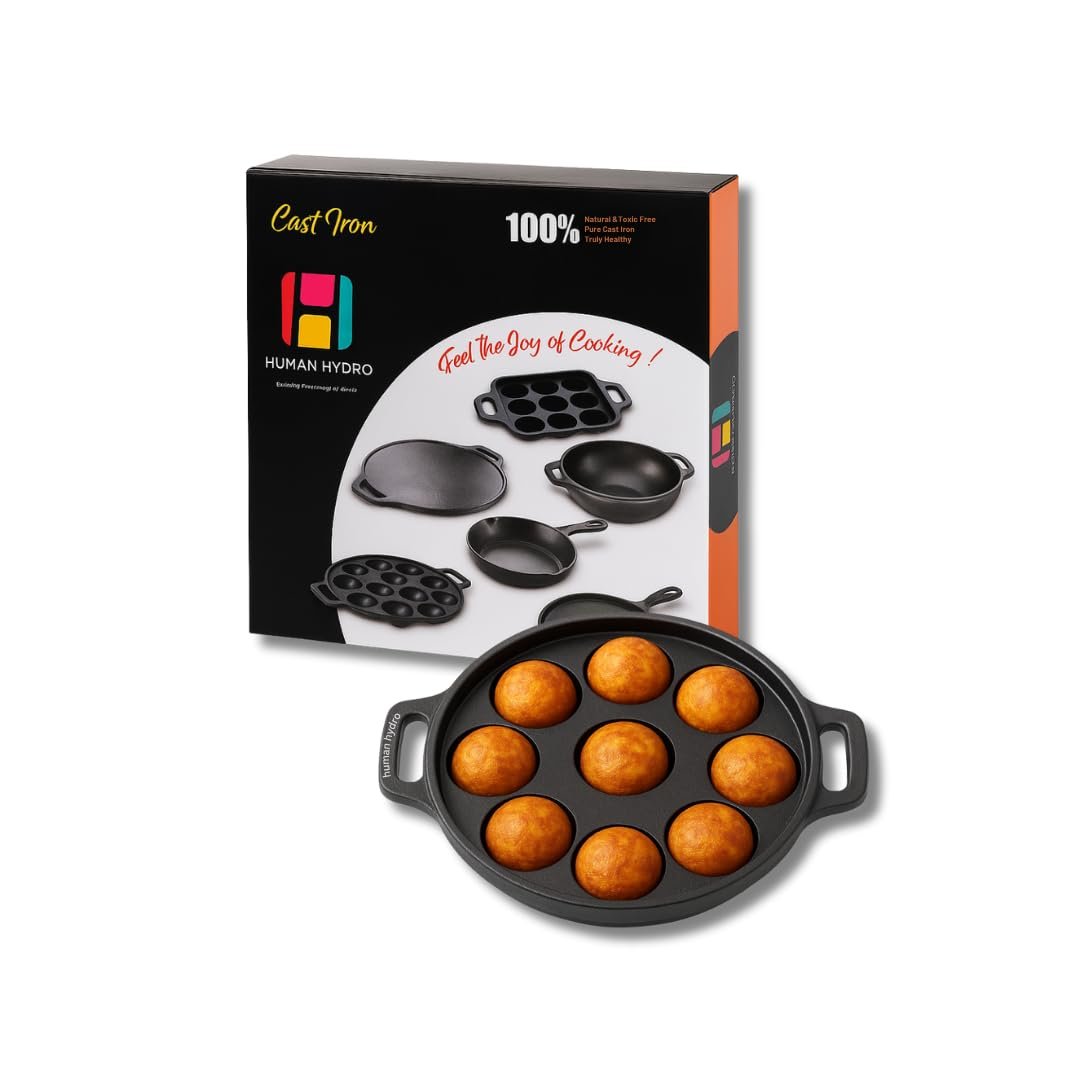 Human Hydro Pre-Seasoned Cast Iron 9 Pit Paniyaram Pan (23CM, 1.6KG) | Naturally Nonstick & Toxin-Free | Induction & Gas Compatible | Ideal for Appam, Paddu, Kuzhi Paniyaram & Snacks