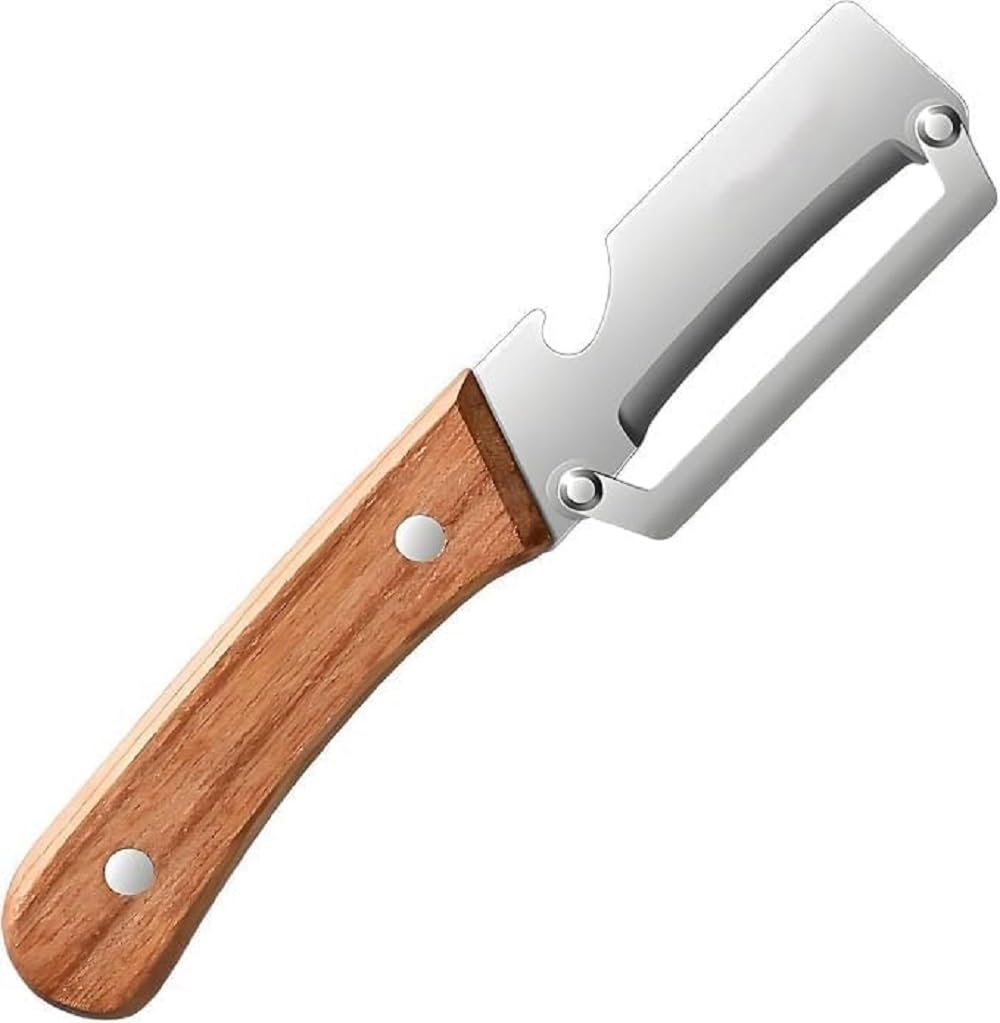 Multifunctional Vegetable Peeler with Wooden Handle | Stainless Steel 3-in-1 Kitchen Tool | Potato, Carrot & Fruit Peeler with Scallion Shredder and Built-in Bottle Opener