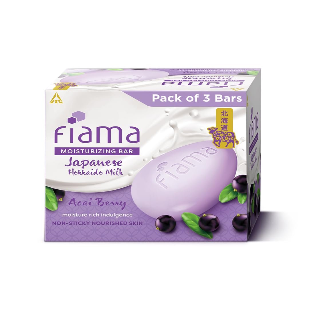Fiama Skin Barrier Strengthening Moisturizing Soap Bar 125gx3 | Clinically Proven | With Pro-Ceramides | Acai Berry & Japanese Hokkaido Milk Celebration Pack of 3, Non-Sticky Softness | 33% Skin Moisturizers, For Men & Women