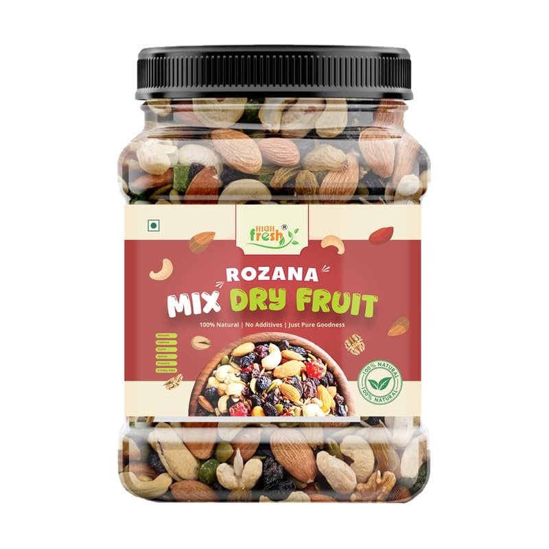 High Fresh Premium Mix Dry Fruits 1kg | Mixed Almonds, Cashews, Pistachios, Raisins, Apricots, Black Raisins & Dried Kiwi | Assorted Crunchy Trail Mix for Snacking & Gifting