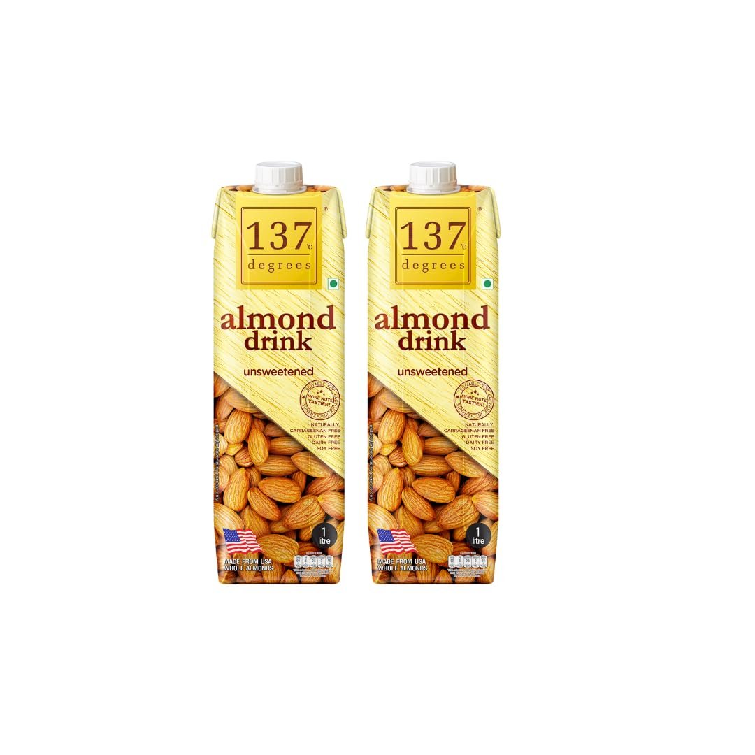 137 Degrees Almond Drink Unsweetened | Lactose Free | Gluten Free | No Preservatives | Zero Cholesterol | Dairy Free| Source of Calcium & Vitamins - PACK OF 2 (1L Each)