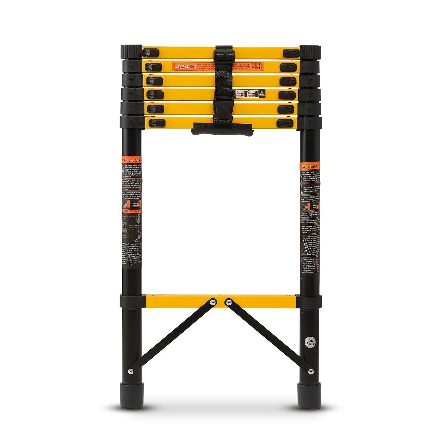 BonKaso Telescopic Ladder, 2.7m(8.8Ft), 7 Steps – Heavy-Duty Foldable Alloy Steel Ladder | Anti-Slip, 150kg Load Capacity, Rustproof & EN131 Certified – Black & Yellow