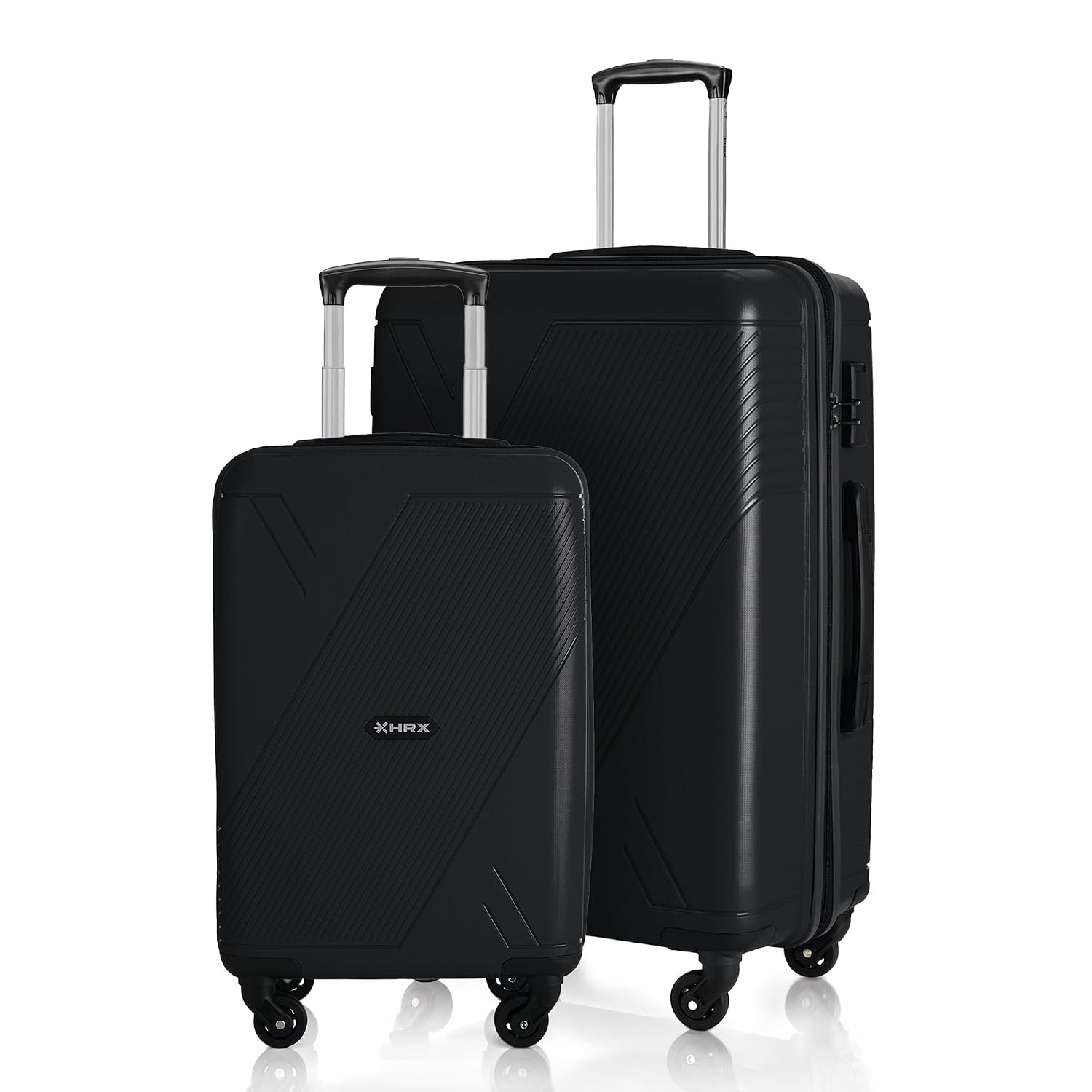 HRX Icon 2Pc Set (Cabin + Medium) Haileys Black Polypropylene Hard Shell Suitcase Set - Premium Travel Trolley Bags with 4 Spinner Wheels, Number Lock & Water Resistant Body