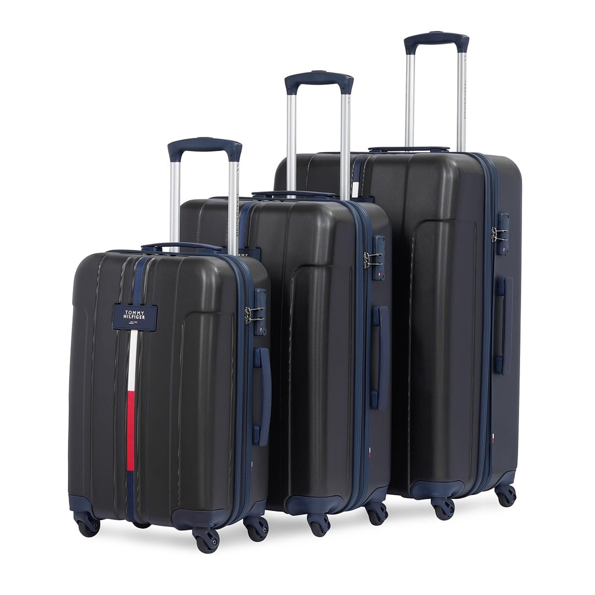 Tommy Hilfiger Wyoming Check-in Luggage Set of 3 (Cabin, Mid & Cargo) | Trolley Bags |Durable Polycarbonate Hardshell Suitcase with TSA Lock| 360° Spinner Wheel & Telescopic Handle| Color- Black