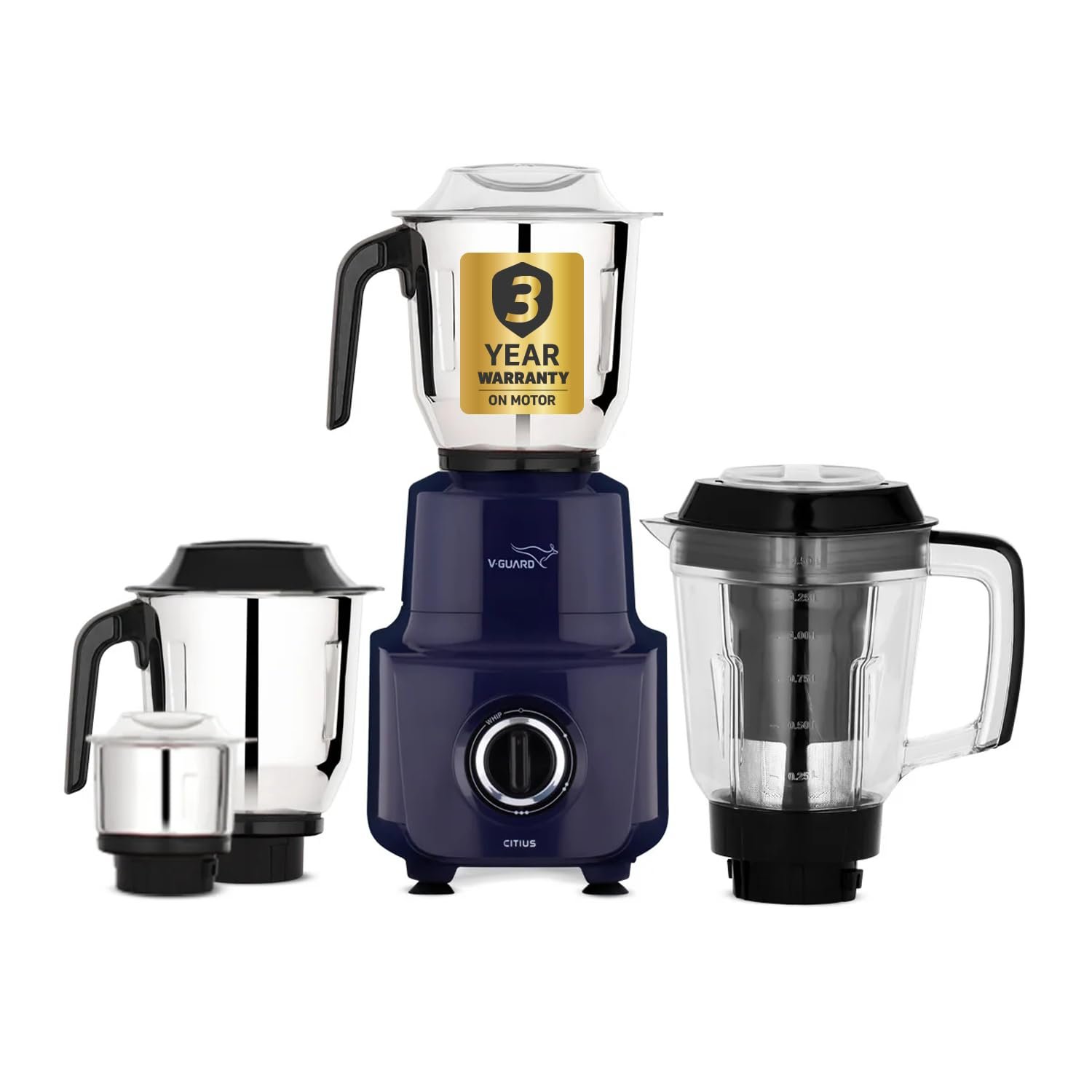 V-Guard Citius 750 Watt Juicer Mixer Grinder for Kitchen | 3-Year Motor Coverage | 4 Jars | Juicer, Wet, Chutney & Dry | Mixer Grinder 750 W with SS Blades | Blue
