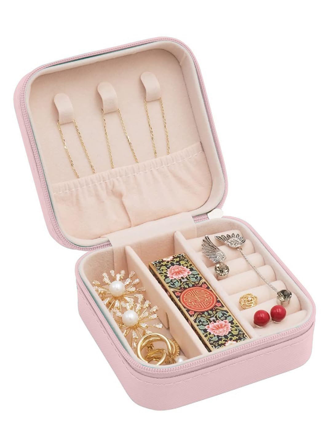 Cortina Small Pu Leather Jewellery Organiser Box | Portable Travel Jewelry Storage Case For Women & Girl - Ring, Pendant, Earring, Necklace, Bracelet - Pink