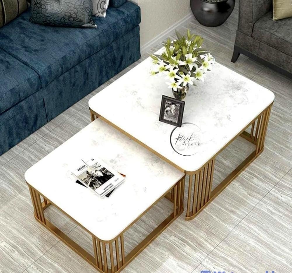 Furniture Cafe Square Nesting Coffee Table Set of 2 with White Marble Look Top & Gold Metal Frame | Modern Stackable Center Tables for Living Room, Bedroom, Balcony & Apartment (White & Black & Gold)