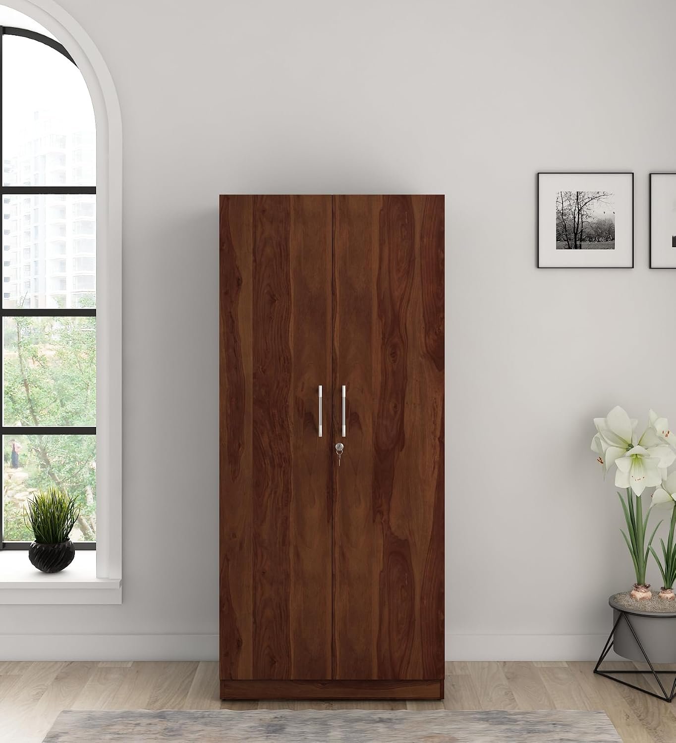 Spacewood Optima Wardrobe | 3 Year Warranty | Almirah, Cupboard, Almari, 2 Door Wardrobe, 1 Hanging Space|Engineered Wood| Sheesham