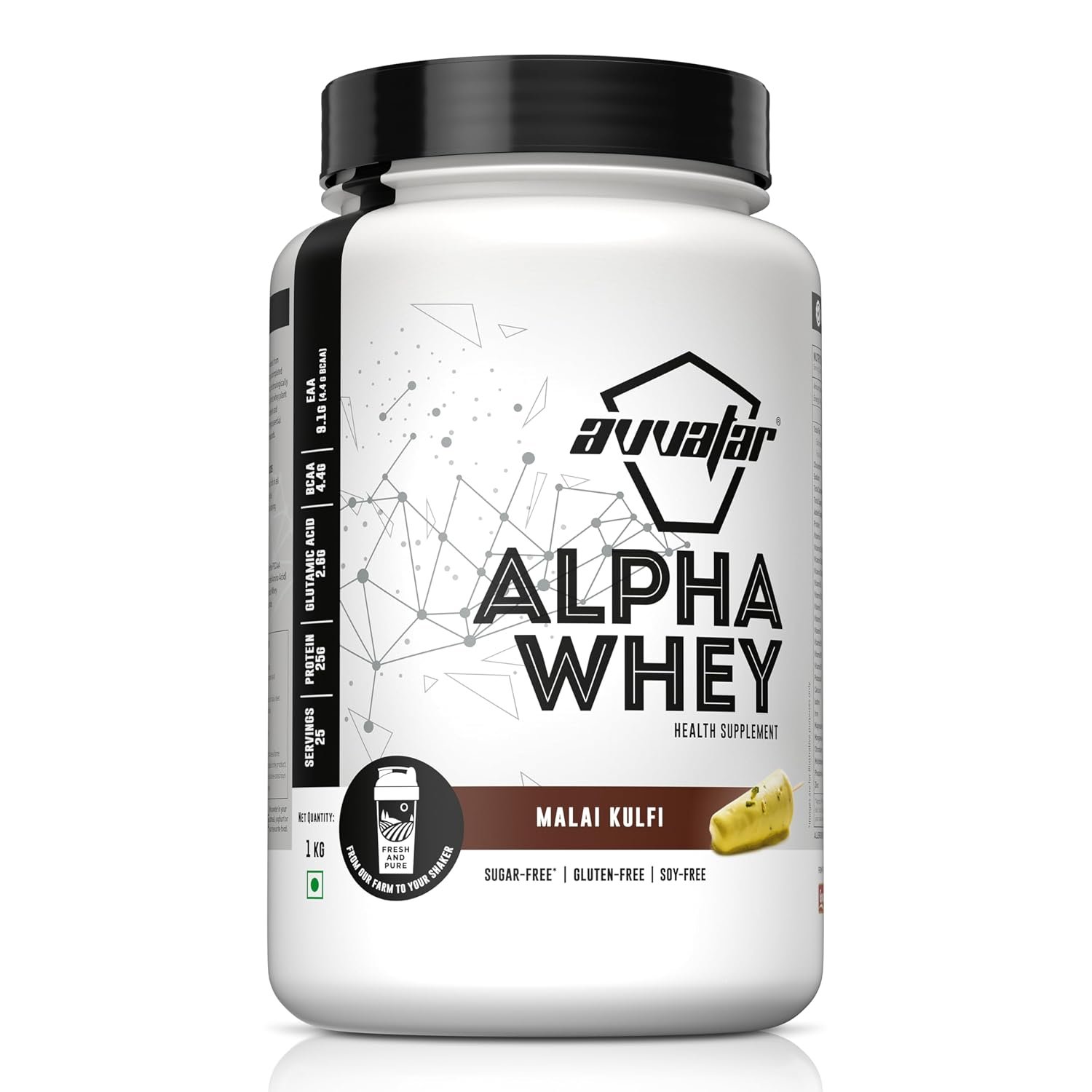 avvatar ALPHA WHEY PROTEIN | 1Kg | Malai Kulfi Flavour | 25g Protein | 25 Servings