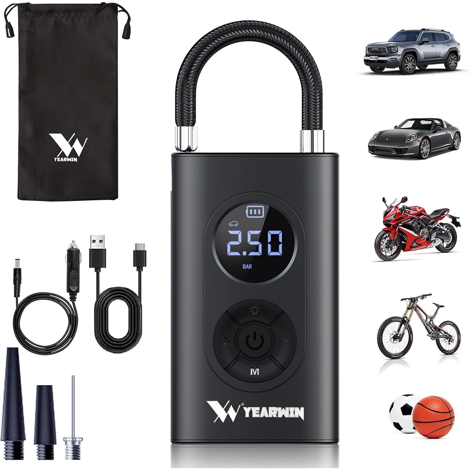 WC16 Tyre Inflator for Car & Bike, 150 PSI, 1 Year Warranty, Corded & Cordless Air Pump, Rechargeable Portable, Digital Display, Auto Shut Off, LED Light & Multiple Inflatable Nozzles