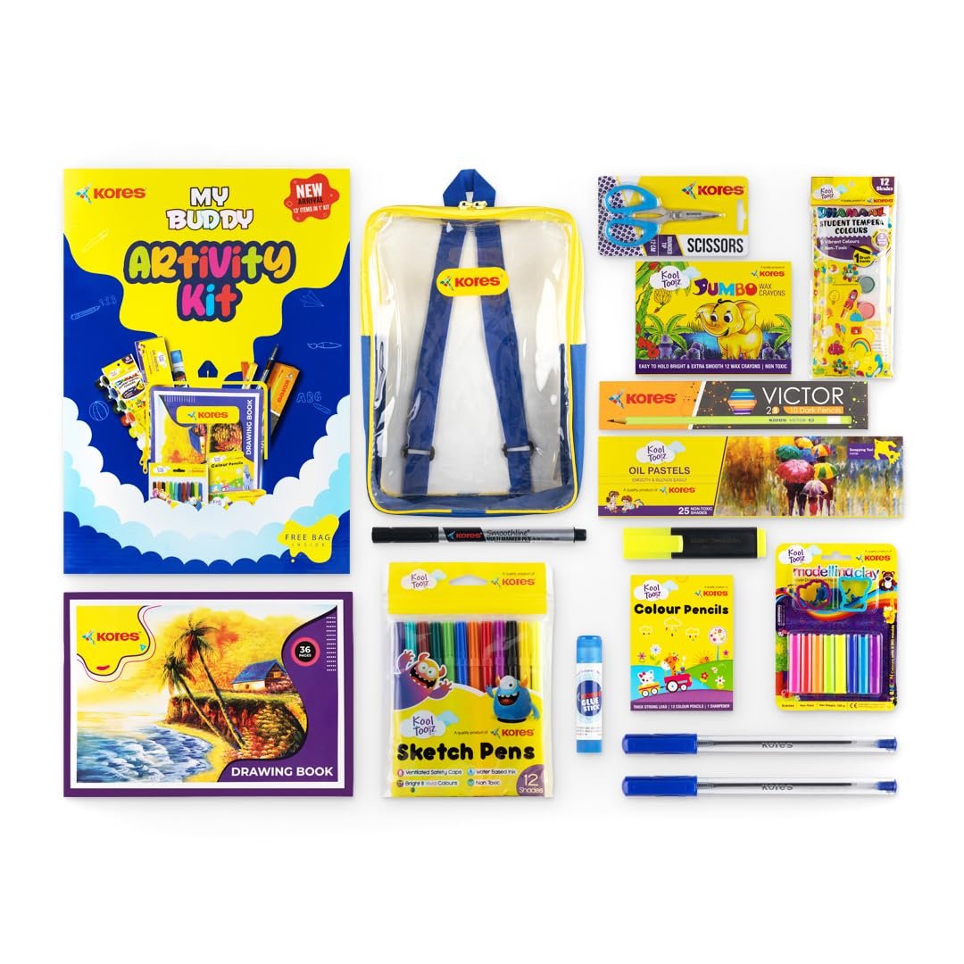 Kores Creative Artivity Kit | 13-in-1 Back to School Art & Craft Stationery Set | Transparent Zipper Pouch | Ideal Gift for Kids | DIY Activity Kit | Safe & Non-Toxic | Ages 3+