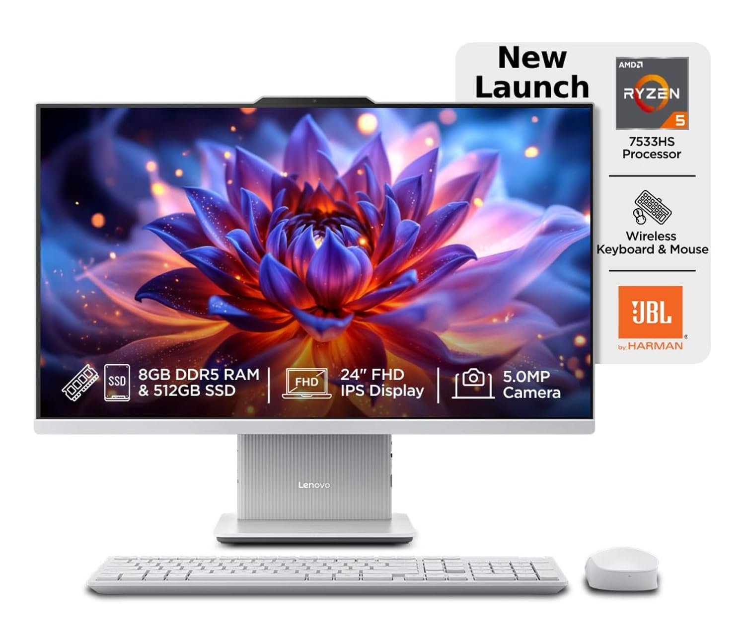 Lenovo IdeaCentre AIO Ryzen 5 7533HS 23.8" FHD IPS All-in-One Desktop (8GB RAM/512GB SSD/Win11/Microsoft 365 Basic + Office 2024/3Wx2 Speakers/5MP+