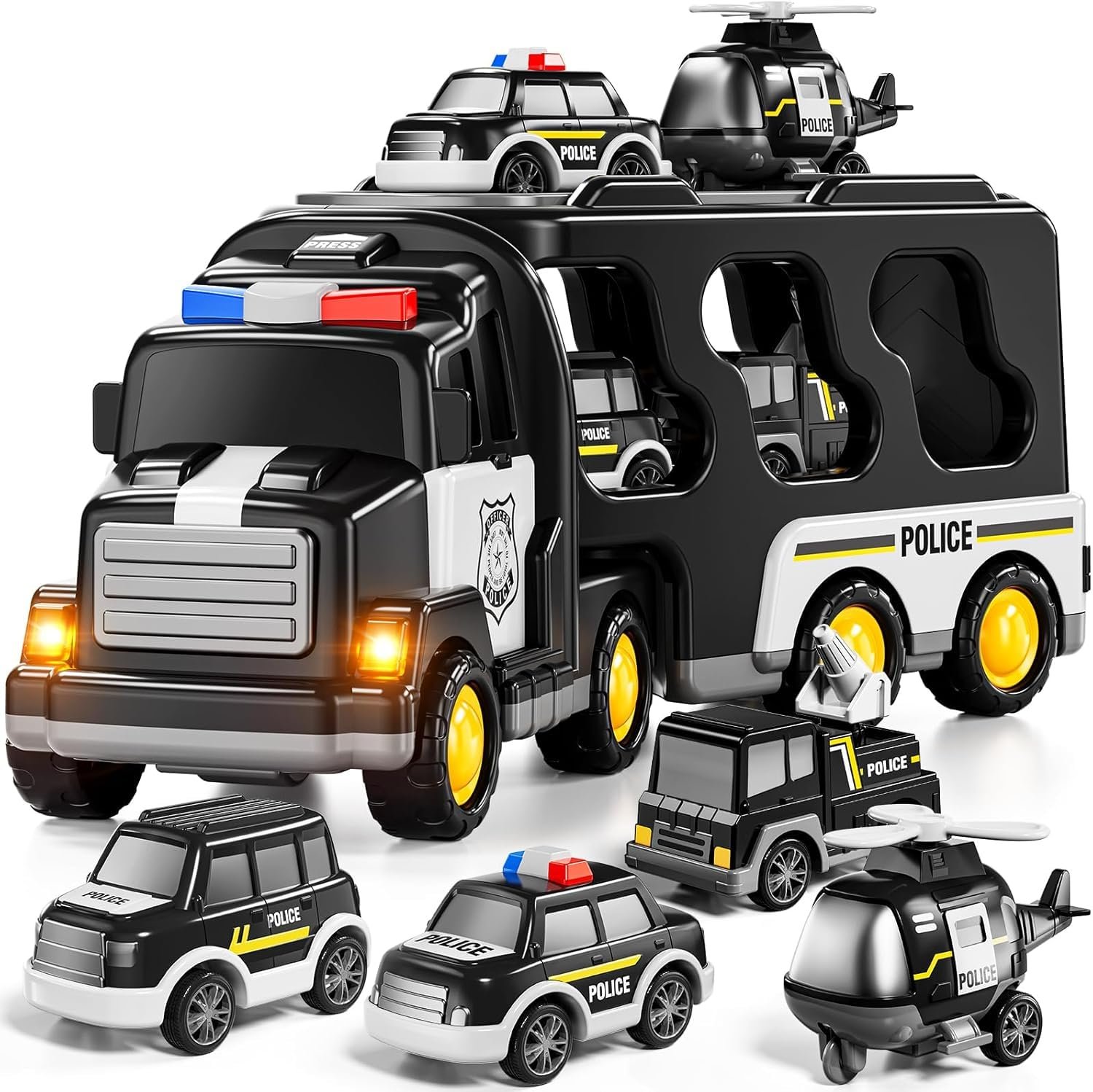 MiniExplorer 5 in 1 Police Trucks Boy Toys for 3-5 Year Old Toddlers - Toys for 3 4 5 6 7 Years Old Transport Vehicle Carrier Truck Sets Kids Boys & Girls