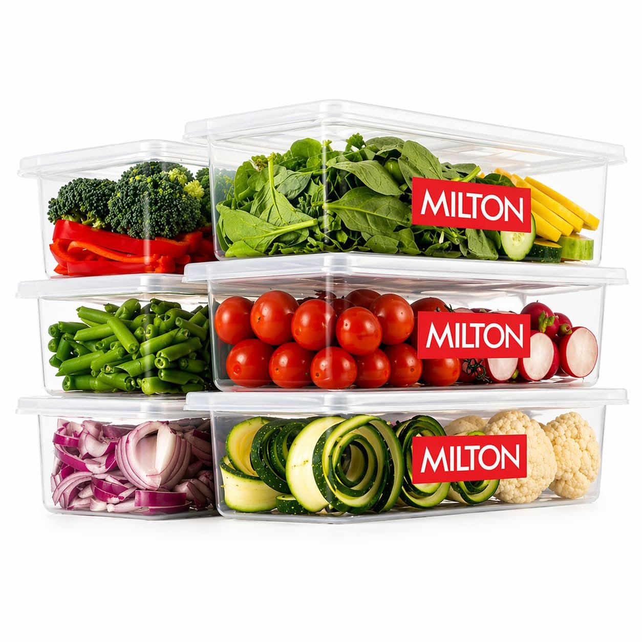 Milton Cryo Fridge Storage Boxes Set of 6 Fridge Organizer Container with Waterproof Vinyl Stickers & Removable Drain Plate, Lid, Stackable Box, Plastic Containers 1500 ml for Fish, Vegetables, Fruits