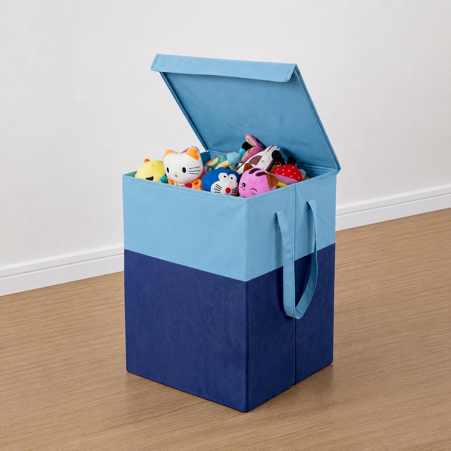 PrettyKrafts 75 L Non Woven Printed Rectangular Foldable Large Laundry Bag/Basket With Lid & Handle, Freestanding Clothes Storage Organizer for Bedroom, Dorm (36x36x53cm, Blue, Set of 1)