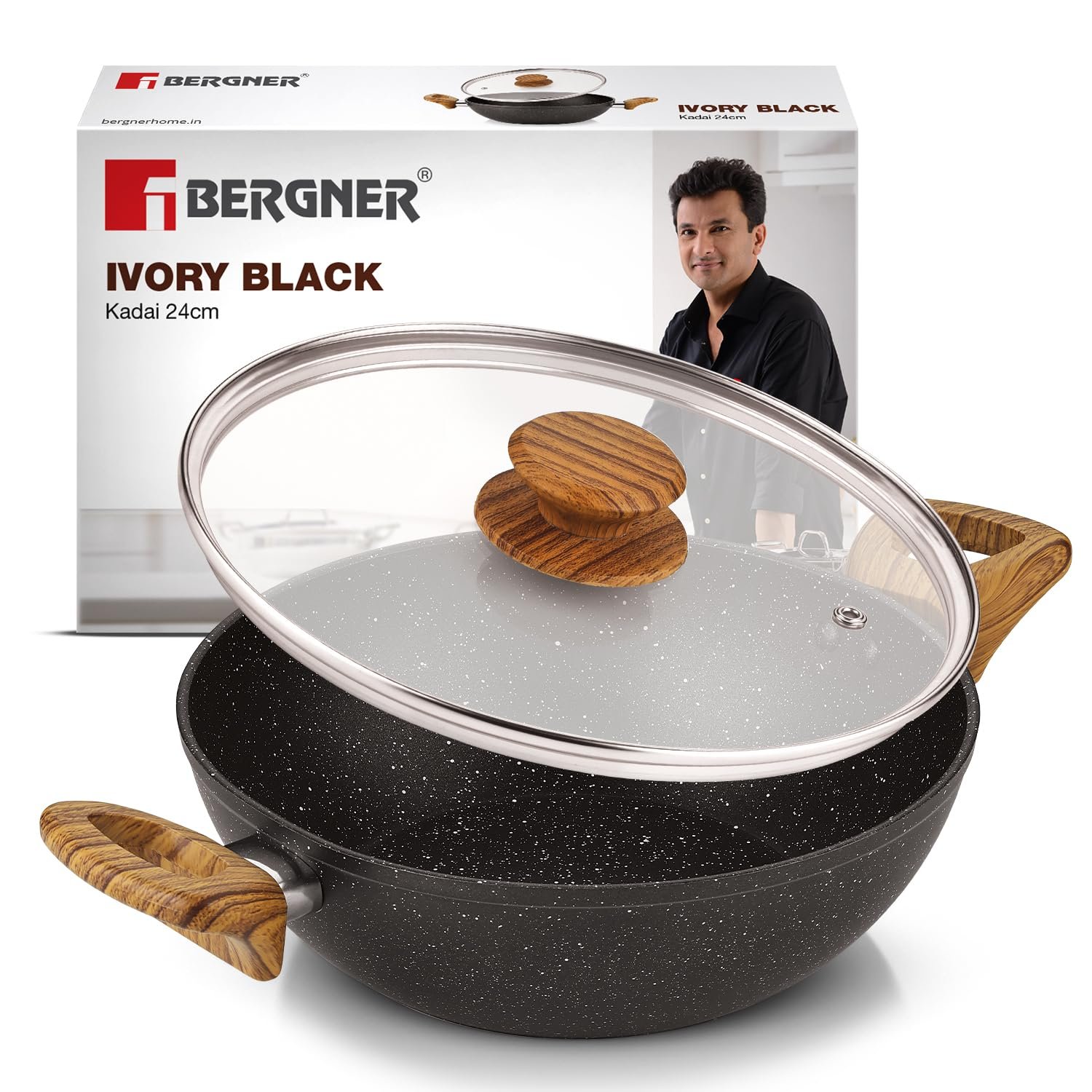 Bergner Ivory Black Granite Non-Stick 24cm (2.5L) Kadai with Glass Lid, 3-Layer Marble Healthy Non-Stick Coating, Forged Aluminium, Soft Touch Handles, PFOA Free, Induction and Gas Stove Ready - Black