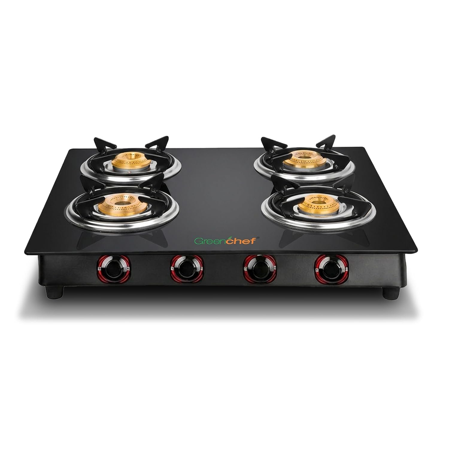 GREENCHEF Elon Glass cook top Four Burner Gas stove,Black Body (Manual Ignition), toughened glass top, Compact Design, pan support – ISI certified (4)