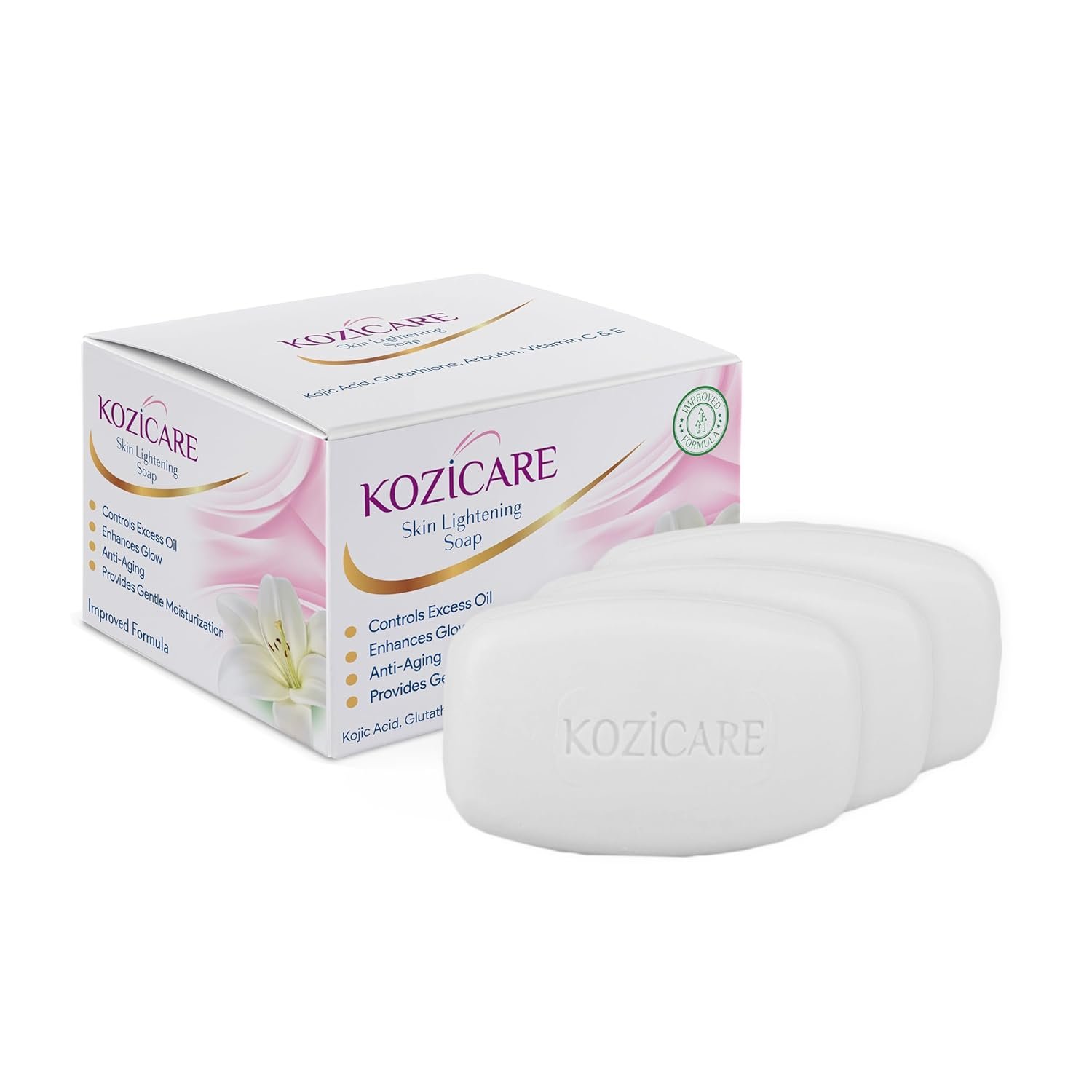 Kozicare Skin brightening Soap | 0.5% Kojic Acid, 0.5% Vitamin C, 0.3% Glutathione, 0.5% Arbutin | For Dark Spot Reduction & Pigmentation | Pack of 3 (75g each) | For Men & Women