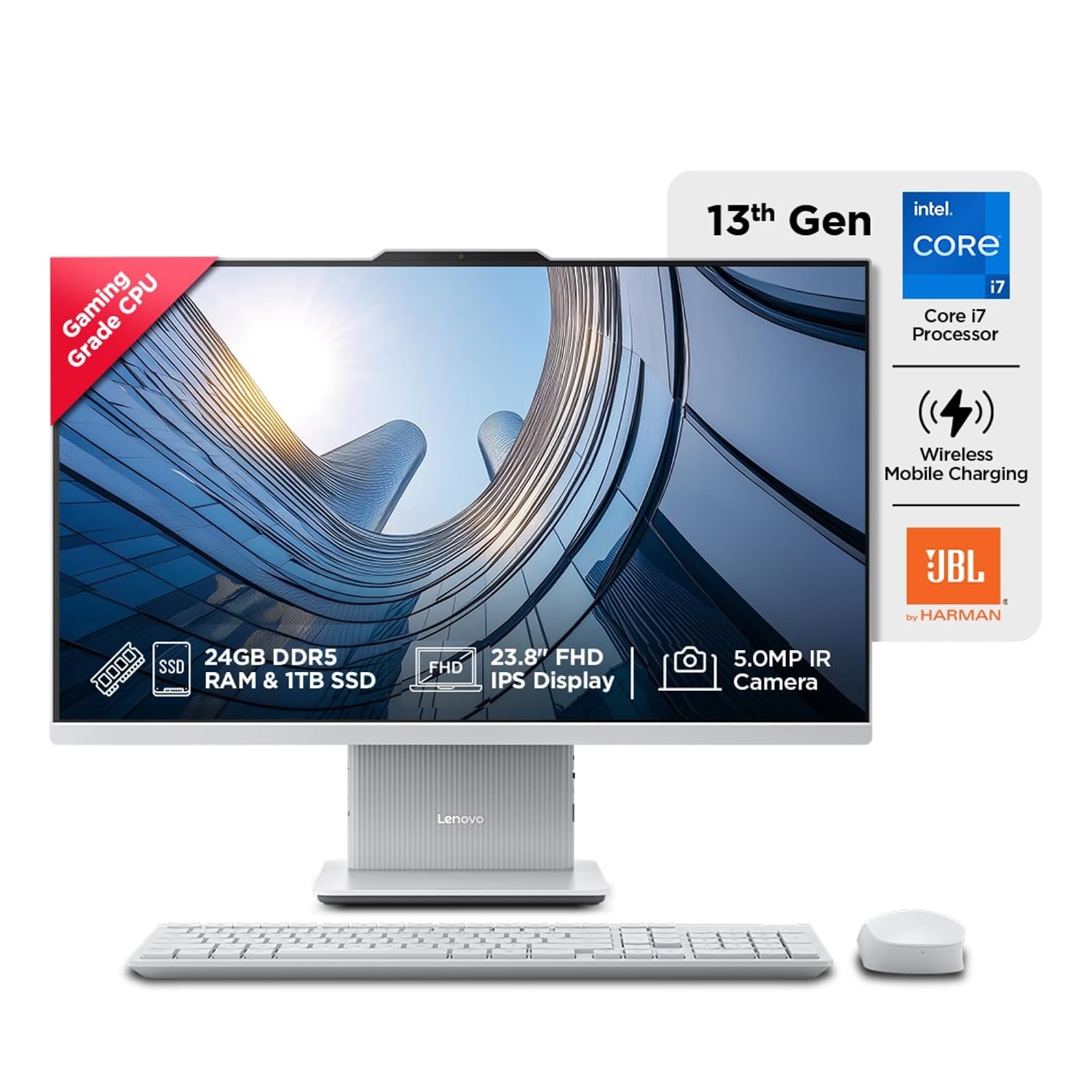 Lenovo IdeaCentre AIO Intel Core i7-13620H 24" FHD (24GB RAM/1TB SSD/Win11/Microsoft 365 Basic + Office Home 2024/Wireless Charging/Wireless EOS Keyboard & Mouse,Grey) All-in-One Desktop