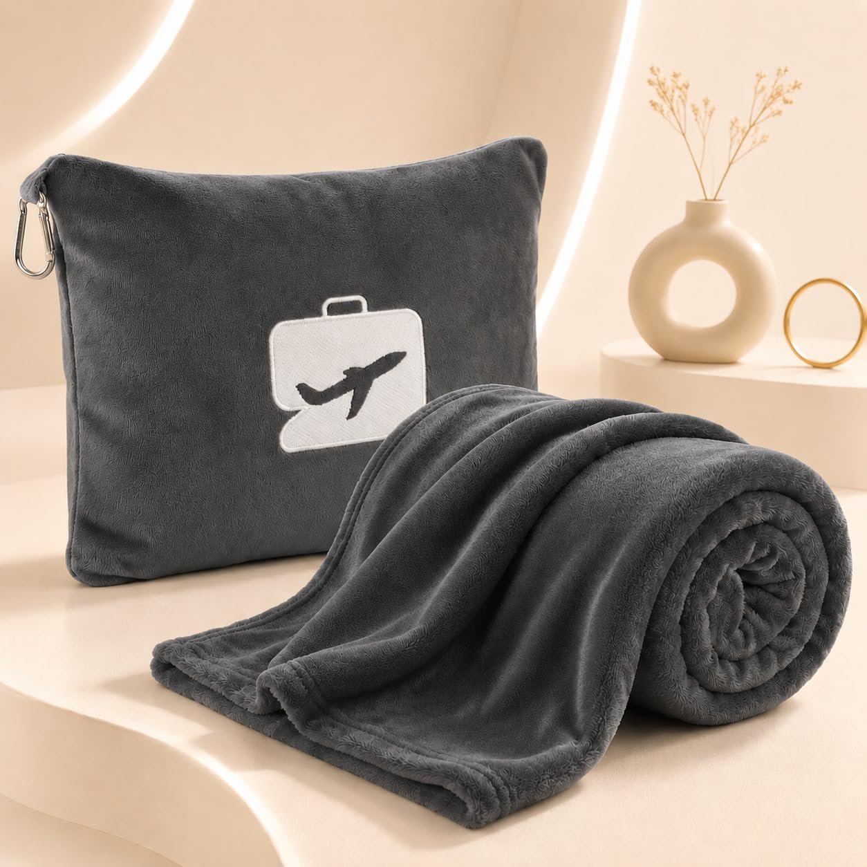 SANMARINO Luxury Travel Pillow Blanket – Ultra-Soft Flannel, 2-in-1 Compact Design, 65x40 Inches – Plush & Portable Comfort for Travel, Flights & Camping with Carry Case, Black (Grey)