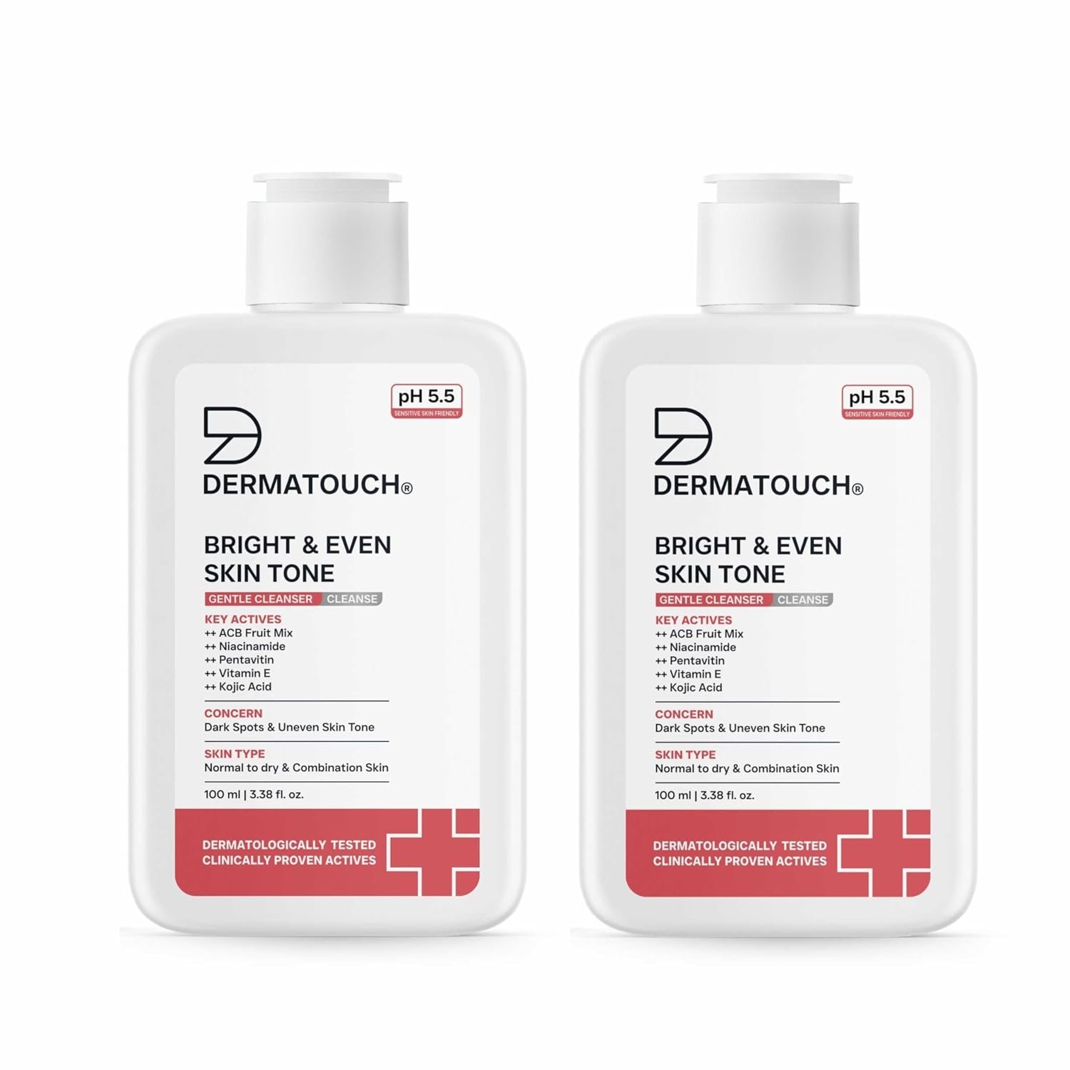 DERMATOUCH Bright & Even Skin Tone Gentle Cleanser | Helps Reduce Dark Spots, Uneven Tone & Dullness | pH 5.5 Balanced | Dermatologist Tested | 100ml (Pack of 2)