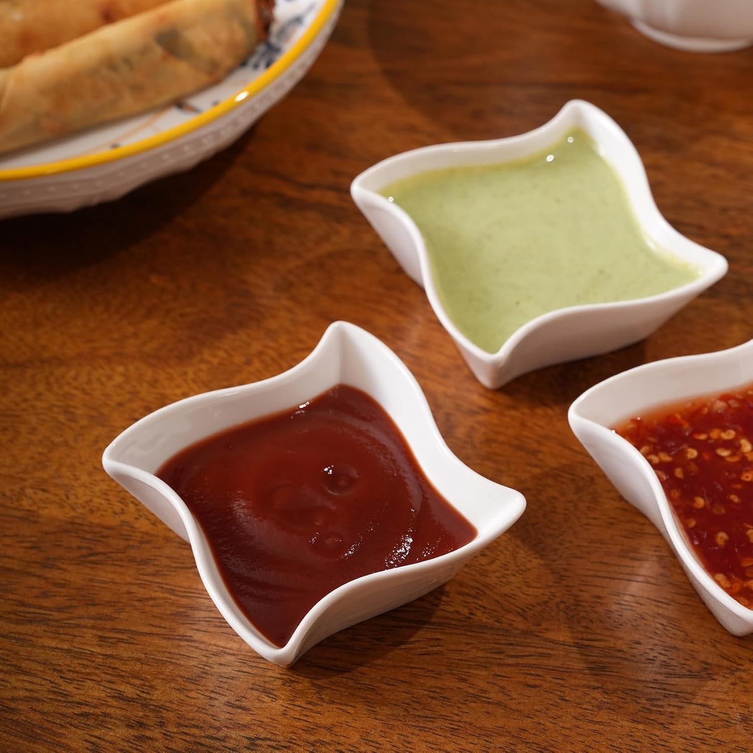 HOME 360 Premium White Ceramic Dip Bowl Set of 3 | Wavy Square Mini Dishes & Condiment Serving Bowls | Elegant Pinch Bowls for Ketchup, Salsa, Chutney & DIps (3, Wavy DIp Bowls)