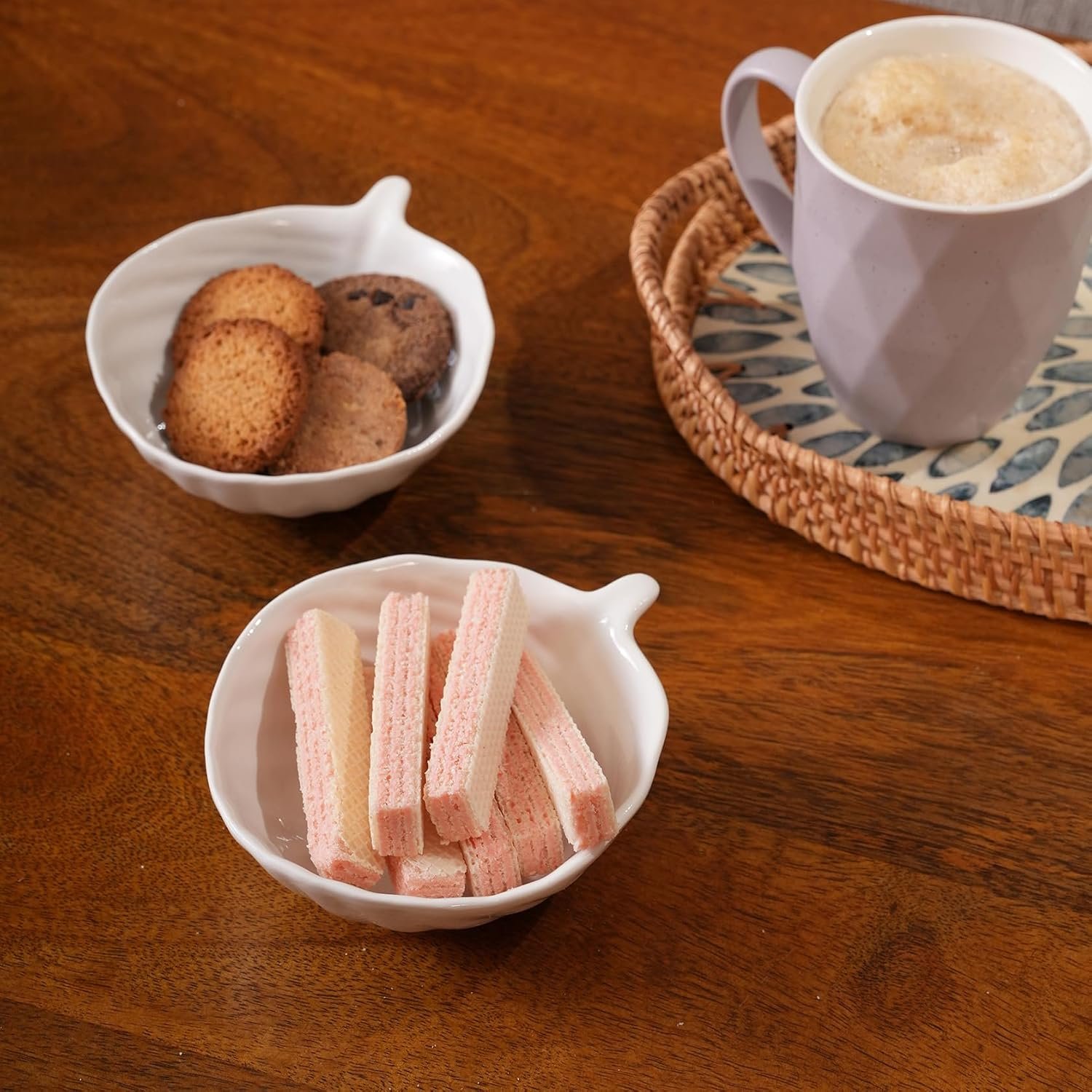 HOME 360 Premium Ceramic Leaf Serving Bowls Set of 2 | Modern White Small Bowls for Snacks, Cookies, Biscuits, Desserts, Dips & Side Dishes (2, Leaf Serving Bowls)