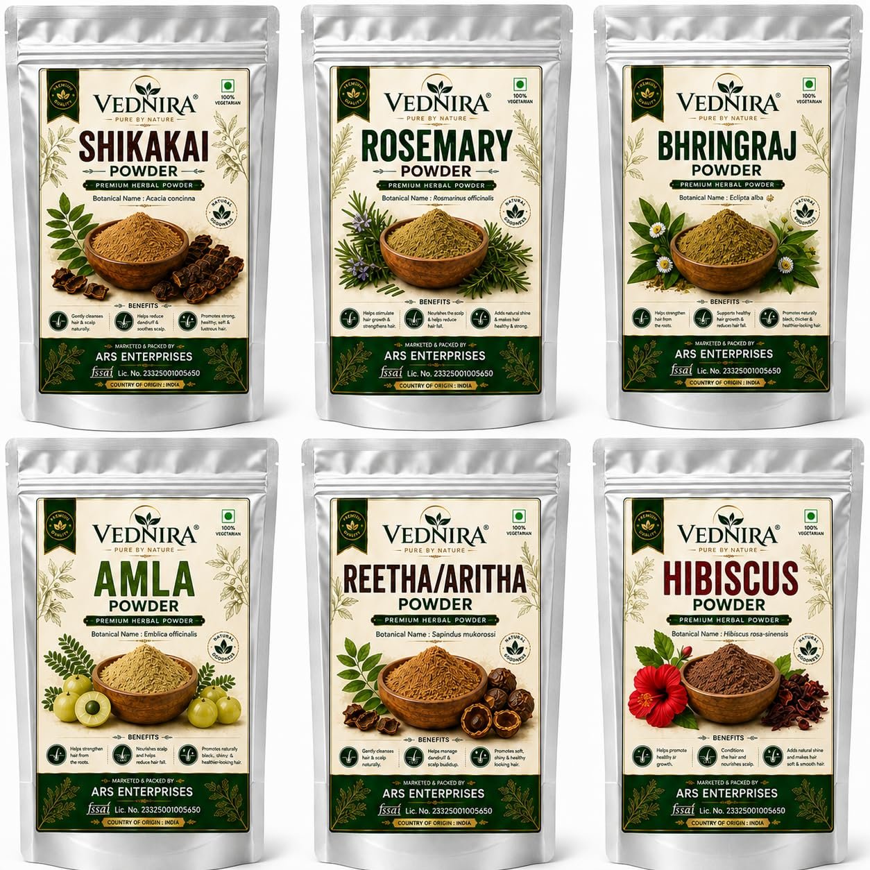 Amla Reetha Shikakai Bhringraj Hibiscus Rosemary Original Powder Combo - 300g (50g x 6 Pack) | A Complete Natural Ayurvedic Powder Combo for Hair Growth, Hairfall Control & Damaged Repair