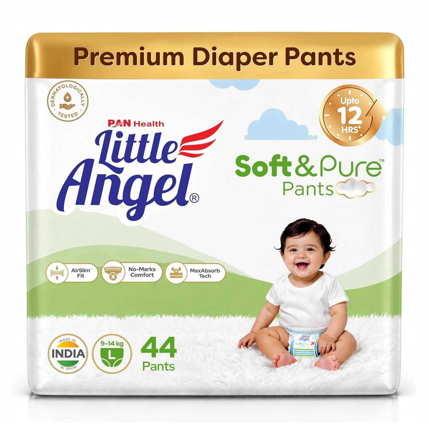 Little Angel Soft & Pure Premium Baby Diaper Pants | Large (L) - 44 Count (9-14 Kgs) | With BreathableAir Layers for Rash-Free Comfort, Lightweight AirSlim Fit, No-Marks Soft Waistband, MaxAbsorb Dry Protection & Calendula Extracts for Baby’s Soft Delicate Skin