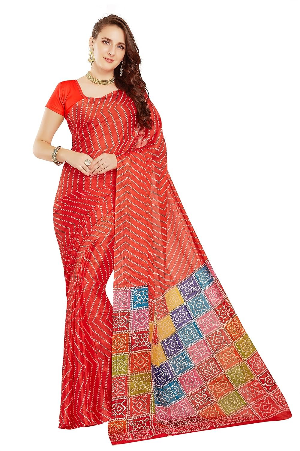 RANI SAAHIBA Women's Chinon Chiffon Bandhani Printed Saree Without Blouse Piece