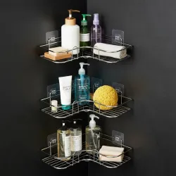 Amazon Basics Self-Adhesive Corner Shelf | No-Drill, Wall-Mounted Organizer for Bathroom, Kitchen & Living Room – Premium Rust Proof GI Metal, 27 x 27 x 6 cm, Chrome, Pack of 3