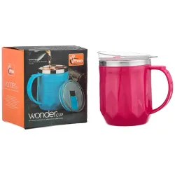 Attro Wonder Cup Vacuum Insulated Cup Comes with Styling Lid & Stylish Handle Perfect for Hot Tea, Coffee,Soups-450ml Dark Pink