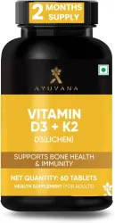 Ayuvana Vitamin D3 K2 Tablets 600 IU D3 55mcg K2 Bone for Immunity Support (60 Tablets)