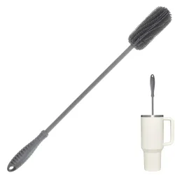 Bottle Brush with Long Handle 15.5 Inch Silicone Water Bottle Cleaner Brush | Deep Cleaning Brush for Hydro Flask, Thermos, Sports Bottles, Glassware, Baby Bottles | Grey
