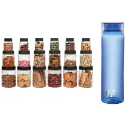 Cello Checkers Plastic PET Canister Set, 18 Pieces, Clear & H2O Unbreakable Plastic Bottle, 1 Litre, Assorted Colour Combo
