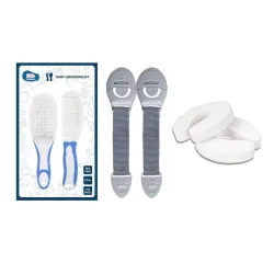 Chipmunks Baby Proofing Finger Pinch Door Guard for Kids Safety, Made in India, Door Stopper Guard for Accidental Door Lock & Slamming for Child, Babies & Pet Safety (Multi, 2 Lock Grey+2 Door Stopper+1 Grooming Kit Blue)