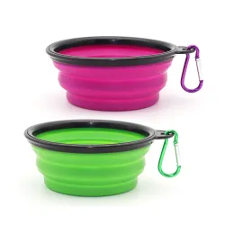 Collapsible Dog Bowl, 2 Pack Collapsible Dog Water Bowls for Cats Dogs, Portable Pet Feeding Watering Dish for Walking Parking Traveling with 2 Carabiners (Small, Green+Purple)