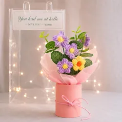 Cortina Handmade Crochet Artificial Flowers with Light | Aesthetic Room Decor, Living & Bedroom Decor | Artificial Flower Wall Decor | Great for Gifting - Pink and Purple - 8.12x6.35x19.8 CM