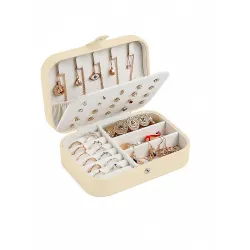 Cortina Jewellery Organiser PU Leather Zipper | Portable Storage Box Case with Dividers | Container for Rings, Earrings, Necklace Home Organizer - Cream