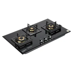 Crompton Optime 78 cm 3 Burners Built-in Glass HOB with Digital Timer, Full Brass Burners & 3D Flame Technology (HOB-OPFB783TI-MBL, Midnight Black)