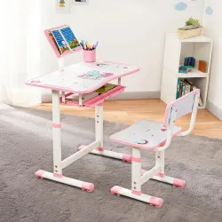 Amazon Brand -Jam & Honey Kids Functional Desk and Chair Set,Height Adjustable Children School Study Table with Book Holder Slot|Age 3+Years(Pink|Iron & Wood,H:35.5x40x32.5cm(chair) 63x43x69cm(table)