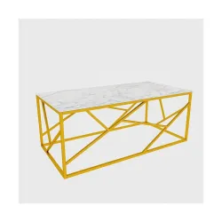 Furniture Cafe Modern Rectangular Coffee Table with White Marble Top & Gold Geometric Metal Frame | Luxury Center Table for Living Room, Drawing Room & Office | Contemporary Metal Frame Cocktail Table