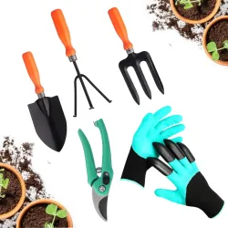 Go Hooked 5 Pcs Gardening Tools Kit Cultivator, Fork, Transplanter, Pruner Cutter, Graden Gloves Heavy Duty with Soft Grip Handles Garden Tools Set for Indoor Outdoor Plants, Balcony, Home Garden Use