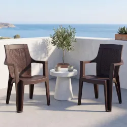 INNOWIN Sweden Plastic Chair with Armrest | Pack of 2 | Strong & Durable | Modern Woven Back Design | Indoor & Outdoor Use | Living Room, Balcony, Garden Seating | Rust Brown | 3 Year Warranty