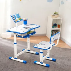 Amazon Brand - Jam & Honey Kids Functional Desk and Chair Set, Height Adjustable Children School Study Table with Book Holder Slot | Age 3+ Years (Blue) | Iron & Wood
