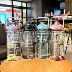 JEBISON Abs Transparent Motivational Water Bottles With Time Marker: Gym Big Bottle Straw & Handle-Leakproof Bpa-Free Fitness Sports Bottle-(PURRPLE)