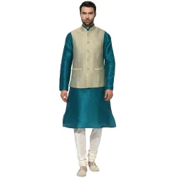 KISAH Men's Kurta Jacket Trouser Set, Off White Dupion Silk, Embellished Regular Fit Mandarin Collar Long Sleeves